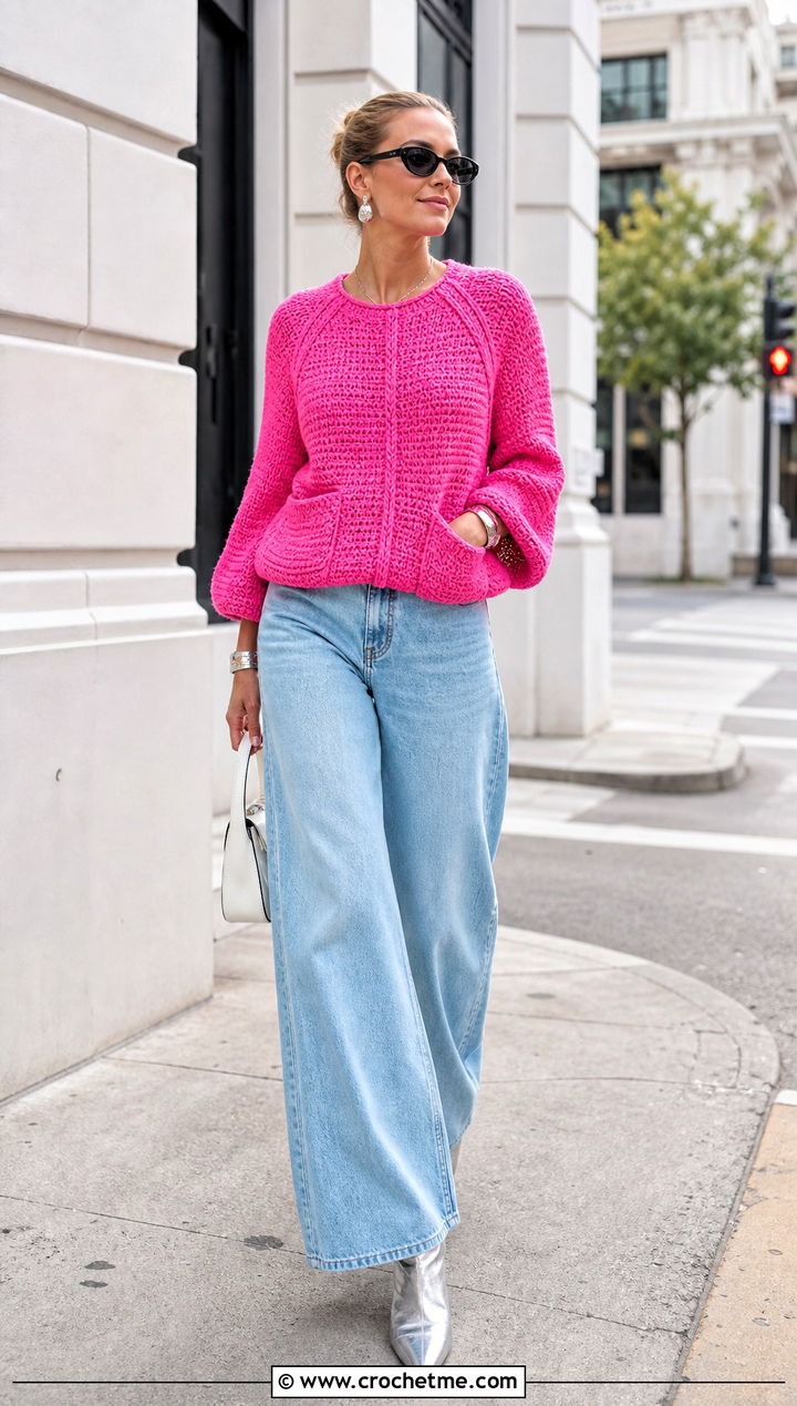 Pocket Raglan Crochet Sweater With Wide Leg Jeans - 15 pocket raglan crochet sweater outfit ideas