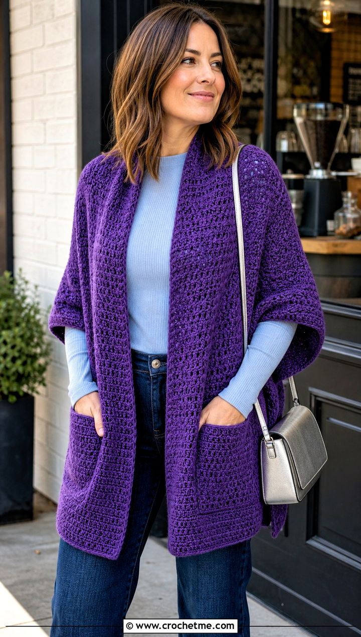 Pocket Rectangle Crochet Shawl With Knit Top And Jeans - 20 Rectangle Crochet Shawls outfit ideas