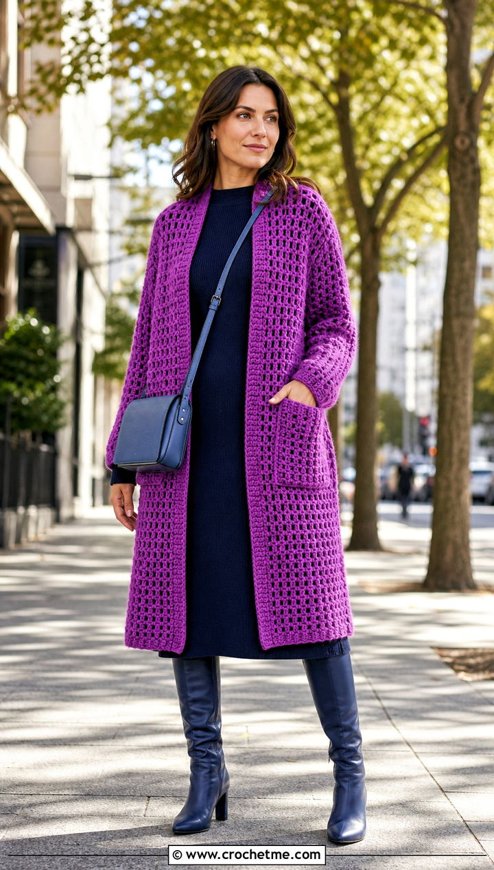 Pocket Rectangle Crochet Wrap With Sweater Dress - 20 Rectangle Crochet Wrap outfit ideas