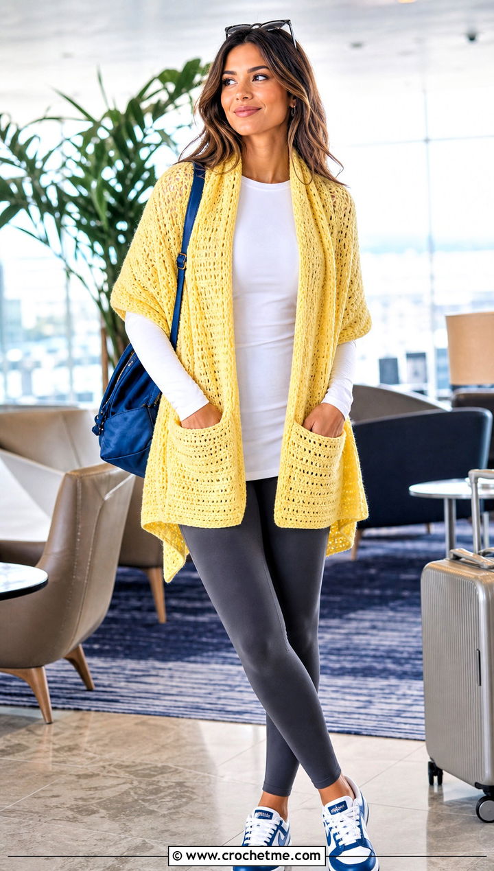 Pocket Rectangle Shawl With Leggings And Sneakers - 25 Easy Crochet Rectangle Shawl outfit ideas