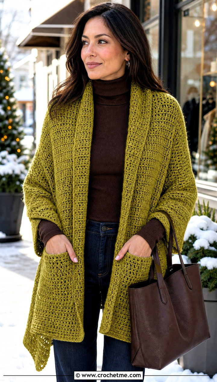 Pocket Rectangular Crochet Shawl With Turtleneck And Jeans - 30 rectangular crochet shawls outfit ideas