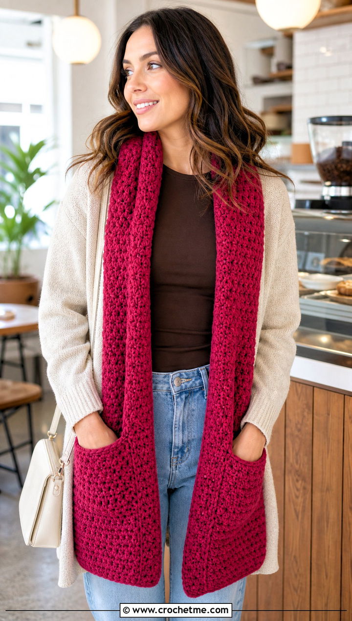 Pocket Red Crochet Scarf With Cardigan And Wide Leg Jeans - 25 taylor swift red crochet scarf outfit ideas