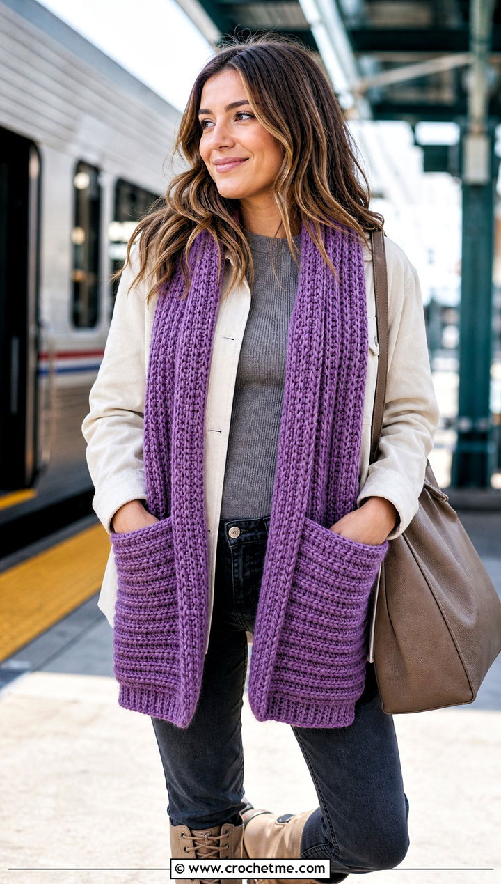 Pocket Ribbed Crochet Scarf With Shacket - 20 Ribbed Crochet Scarf outfit ideas
