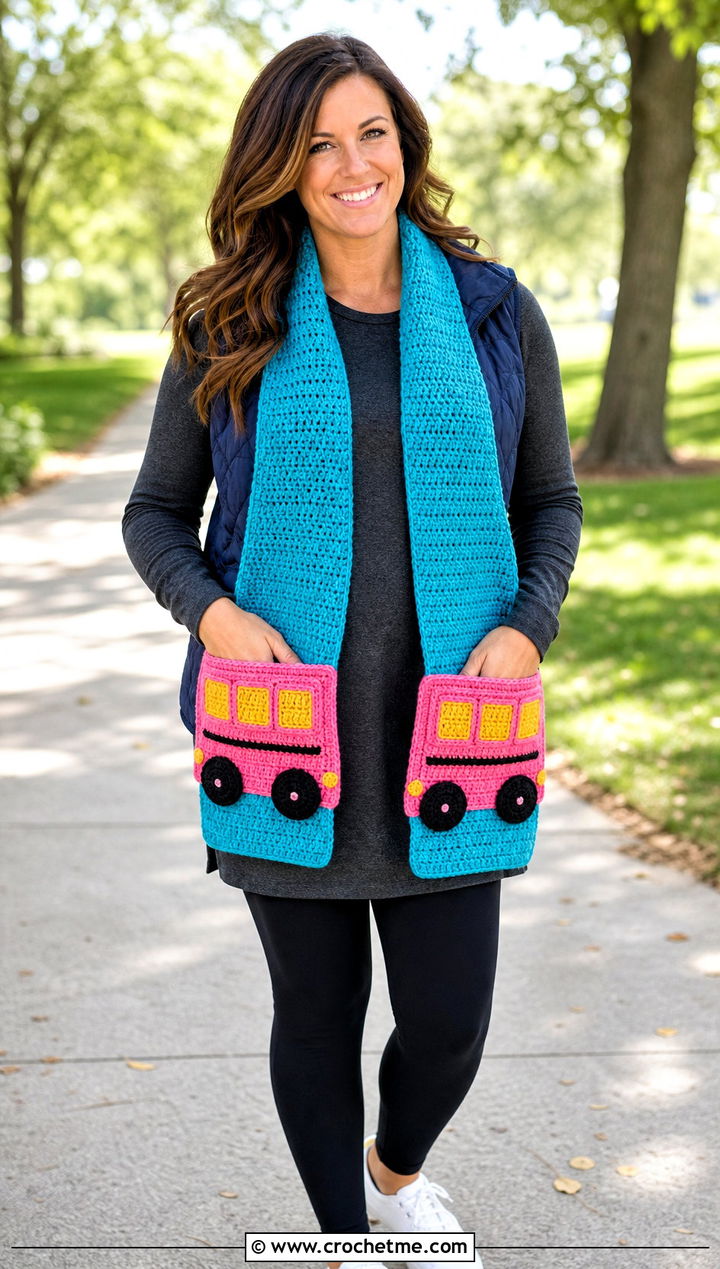 Pocket School Bus Scarf With Leggings - 25 Crochet School Bus Scarf outfit ideas