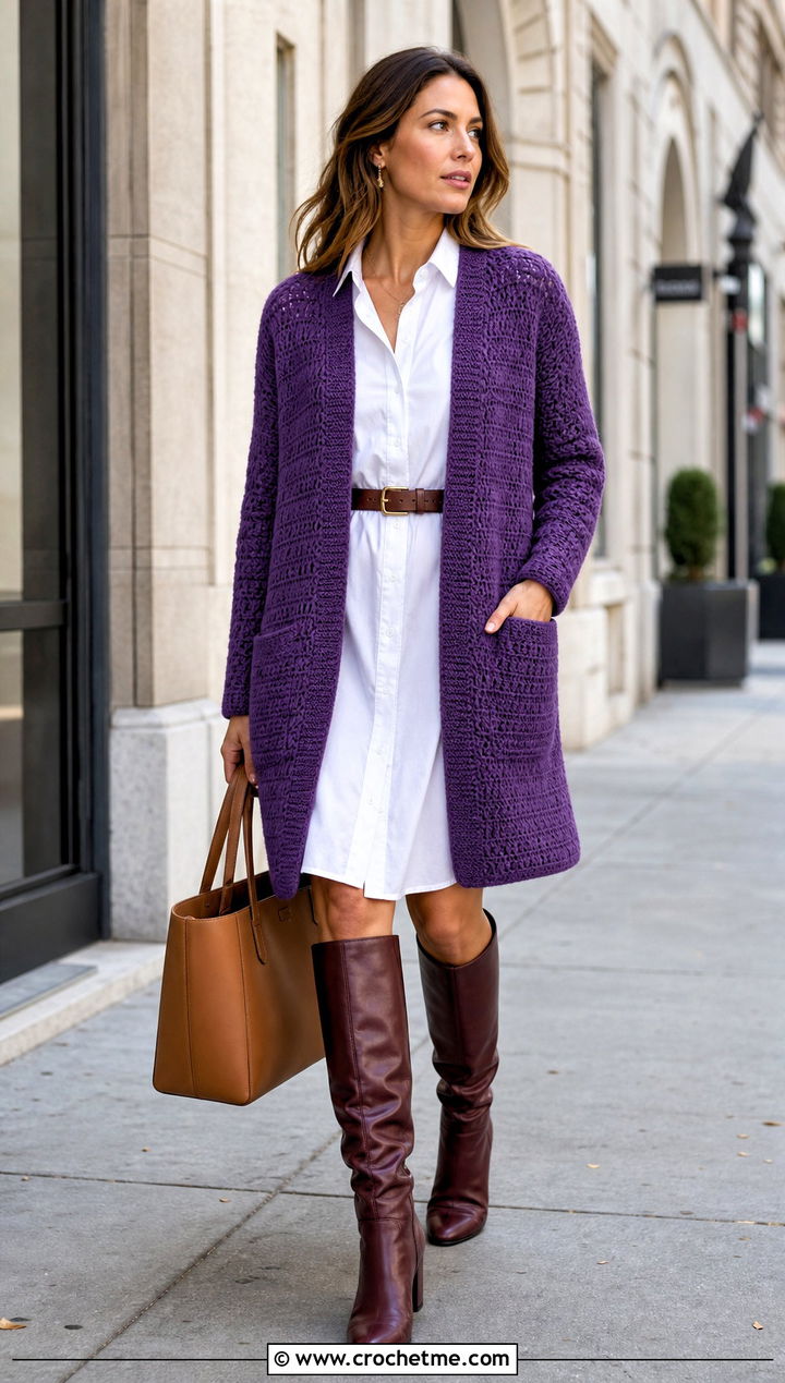Pocket Seamless Crochet Cardigan With Shirt Dress - 25 Crochet Seamless Cardigan outfit ideas
