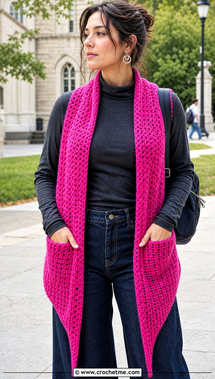 Pocket Shawl With Wide Leg Jeans - 25 Crochet Shawl In A Cake outfit ideas