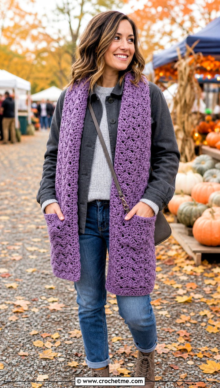 Pocket Shell Scarf With Shacket And Straight Jeans - 25 crochet shell scarf outfit ideas