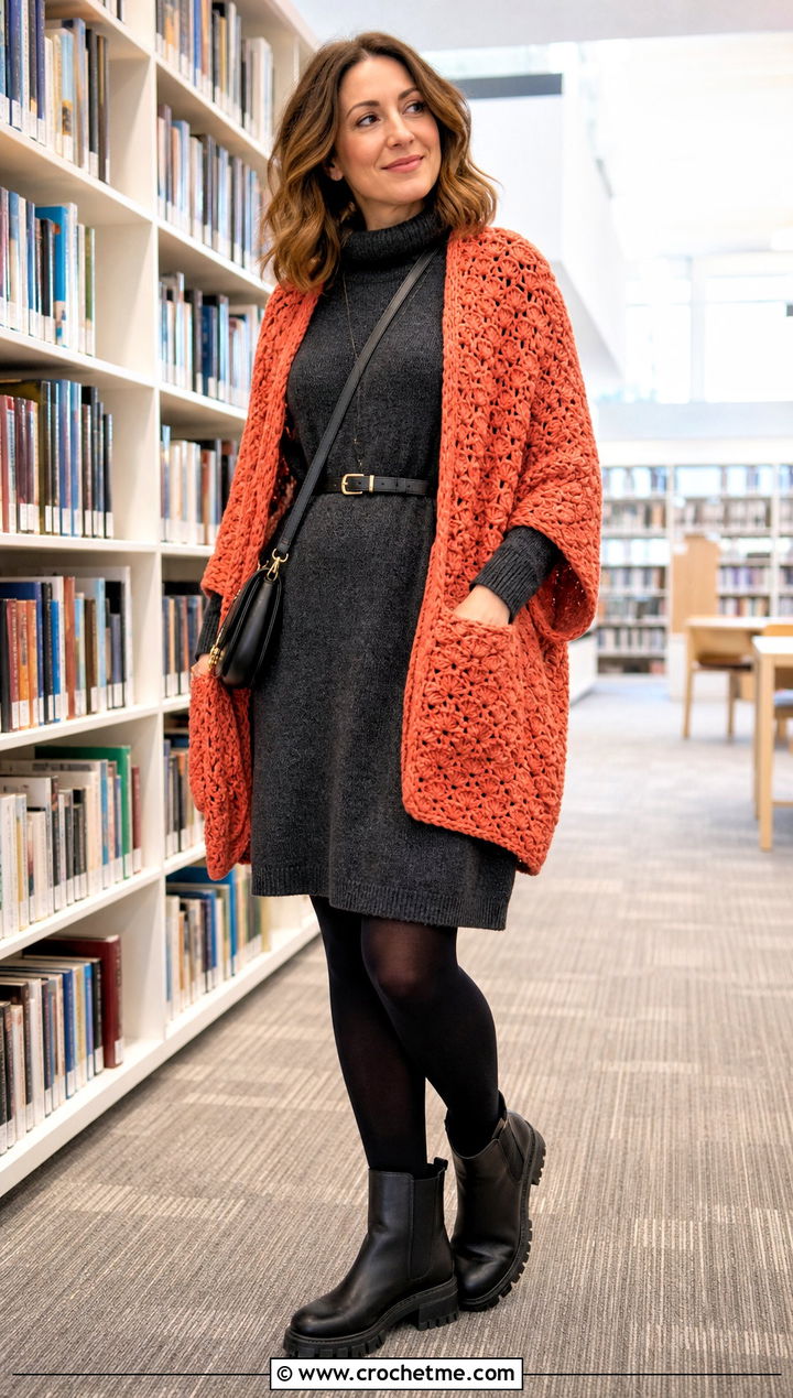 Pocket Shell Shawl With Sweater Dress - 20 Crochet Shell Shawl outfit ideas