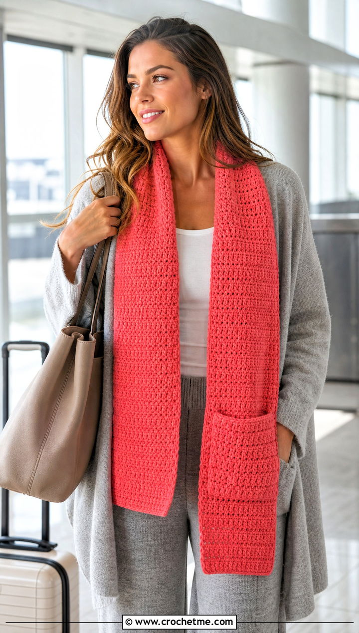 Pocket Single Crochet Scarf With Cardigan And Knit Pants - 25 Single Crochet Scarf outfit ideas