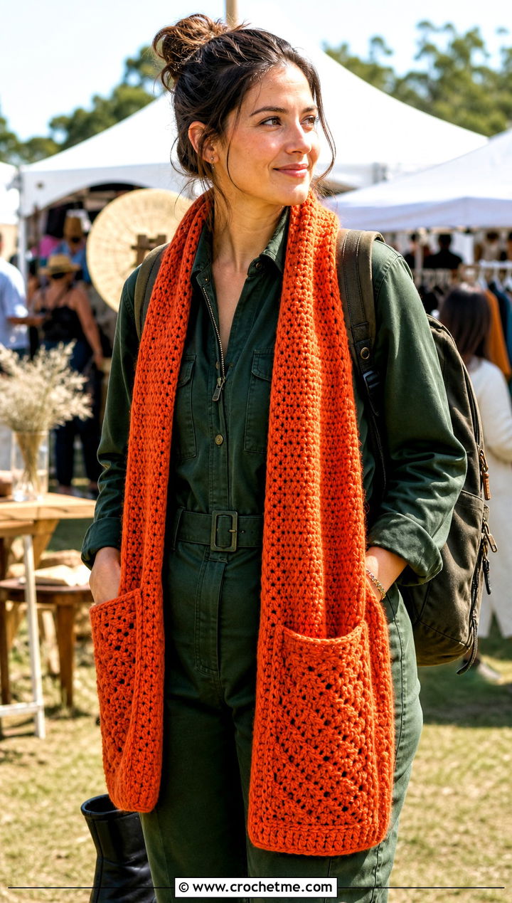 Pocket Sleeve Scarf With Utility Jumpsuit - 25 crochet double sleeve scarf outfit ideas