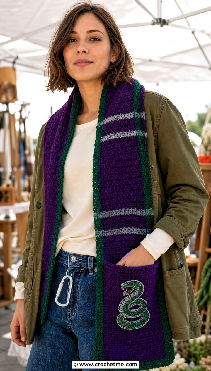 Pocket Slytherin Crochet Scarf With Chore Jacket - 30 slytherin crochet scarf outfit ideas