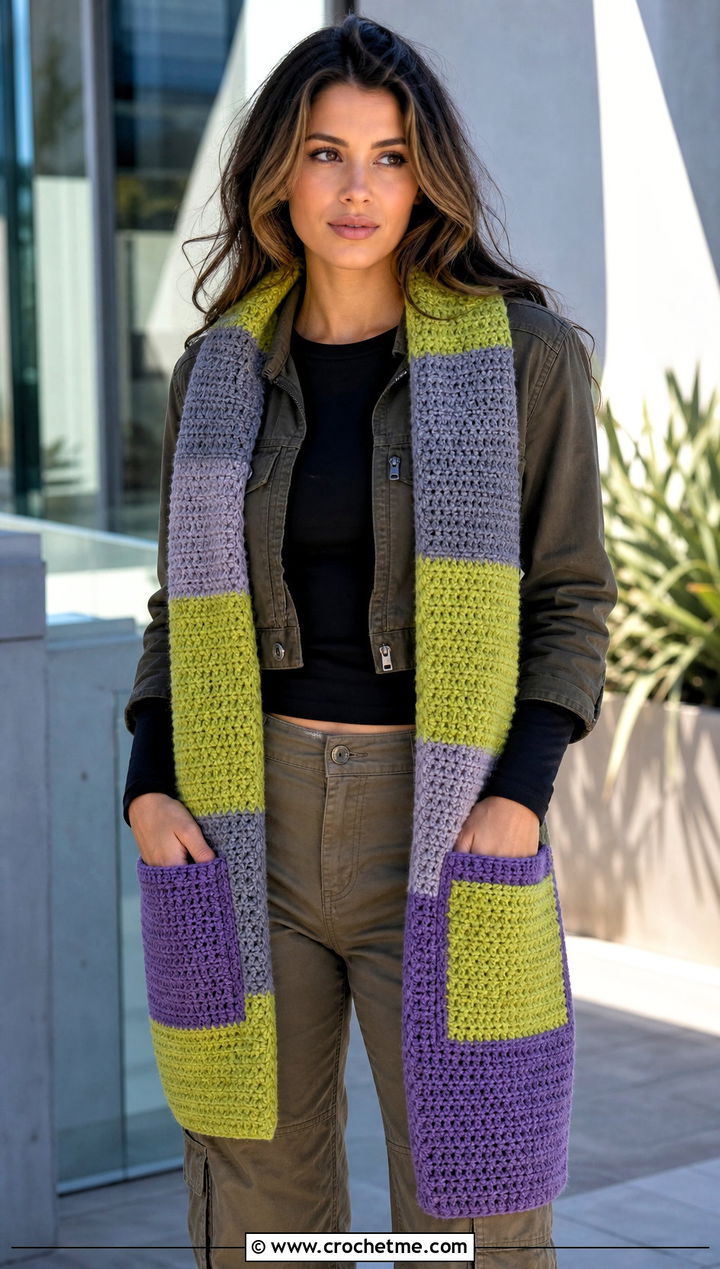 Pocket Stripe Crochet Scarf With Cargo Pants - 30 Stripe Crochet Scarf outfit ideas