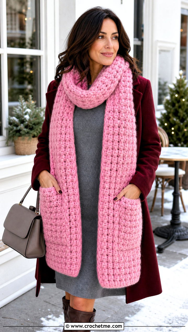 Pocket Super Bulky Crochet Scarf With Sweater Dress - 15 Super Bulky Crochet Scarf outfit ideas