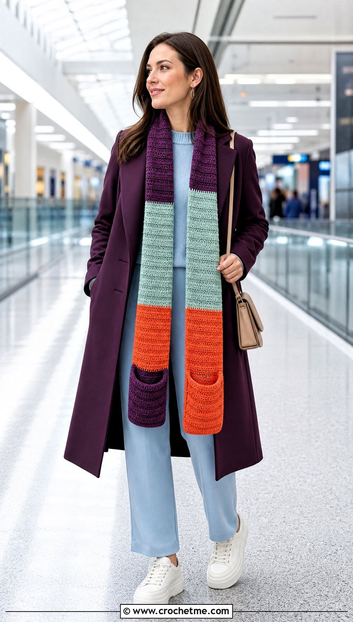 Pocket Temperature Scarf With Knit Set - 30 crochet temperature scarf outfit ideas
