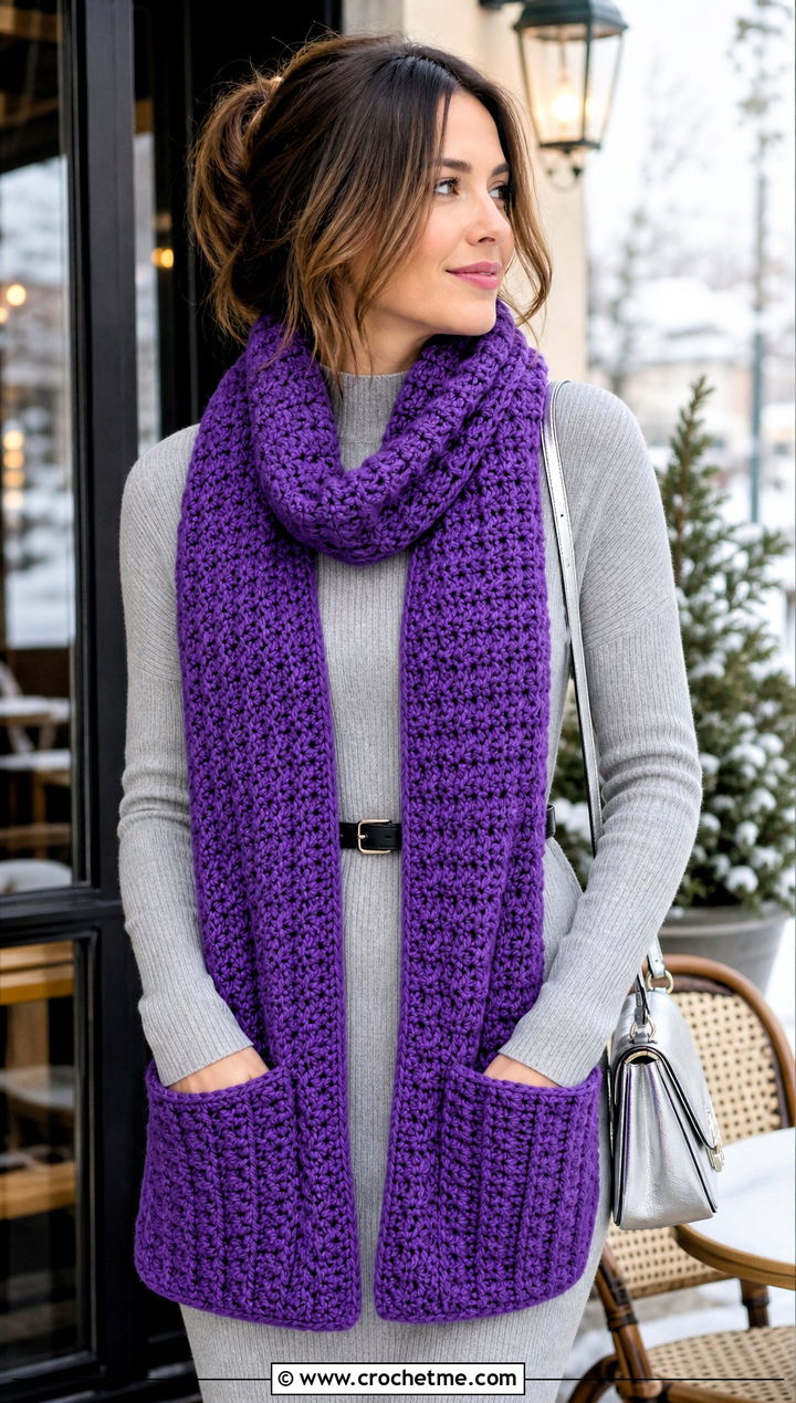 Pocket Thermal Stitch Crochet Scarf With Sweater Dress - 20 Thermal Stitch Crochet Scarf outfit ideas