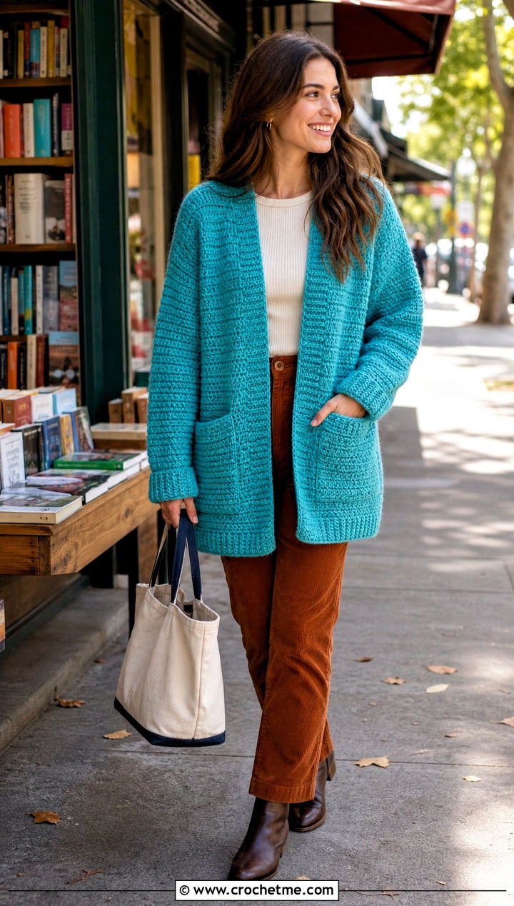 Pocket Thick Yarn Crochet Cardigan With Corduroy Pants - 25 Thick Yarn Crochet Cardigan outfit ideas