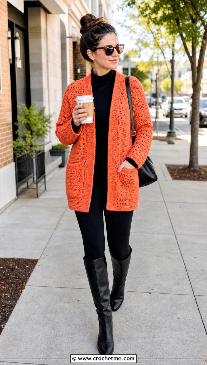 Pocket Top Down Crochet Cardigan With Leggings And Boots - 30 top down crochet cardigan outfit ideas