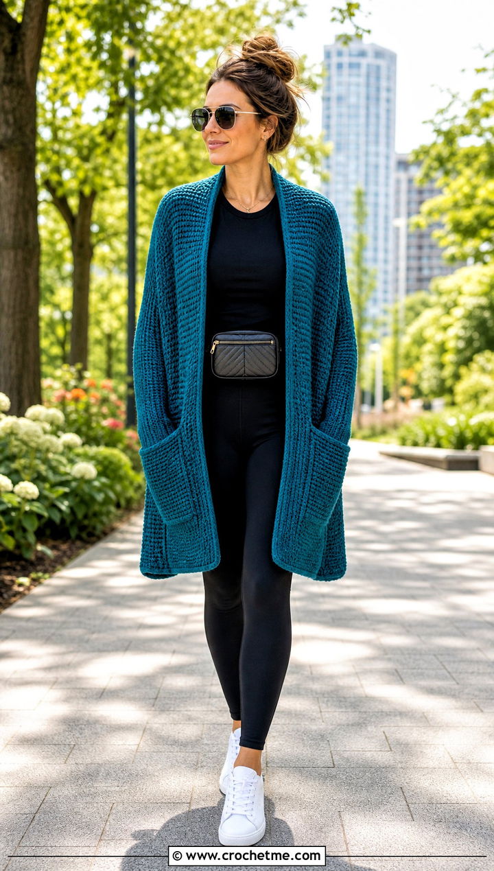 Pocket Tunisian Crochet Wrap With Leggings And Sneakers - 25 Tunisian Crochet Wrap outfit ideas