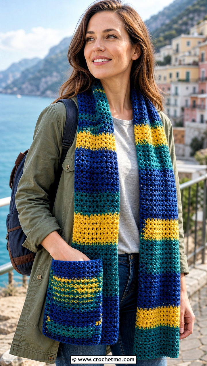 Pocket Variegated Crochet Scarf With Leggings And Shacket - 25 Variegated Yarn Crochet Scarf outfit ideas