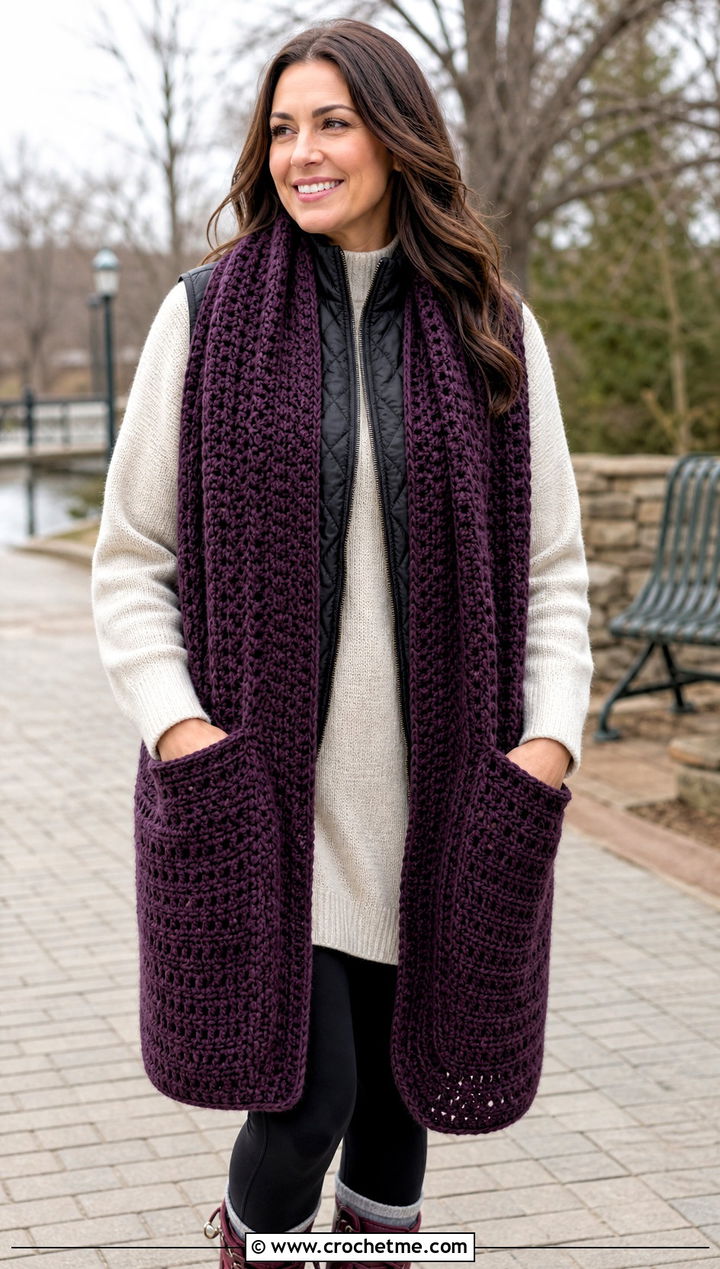 Pocket Velvet Crochet Scarf With Leggings - 25 Velvet Crochet Scarf outfit ideas