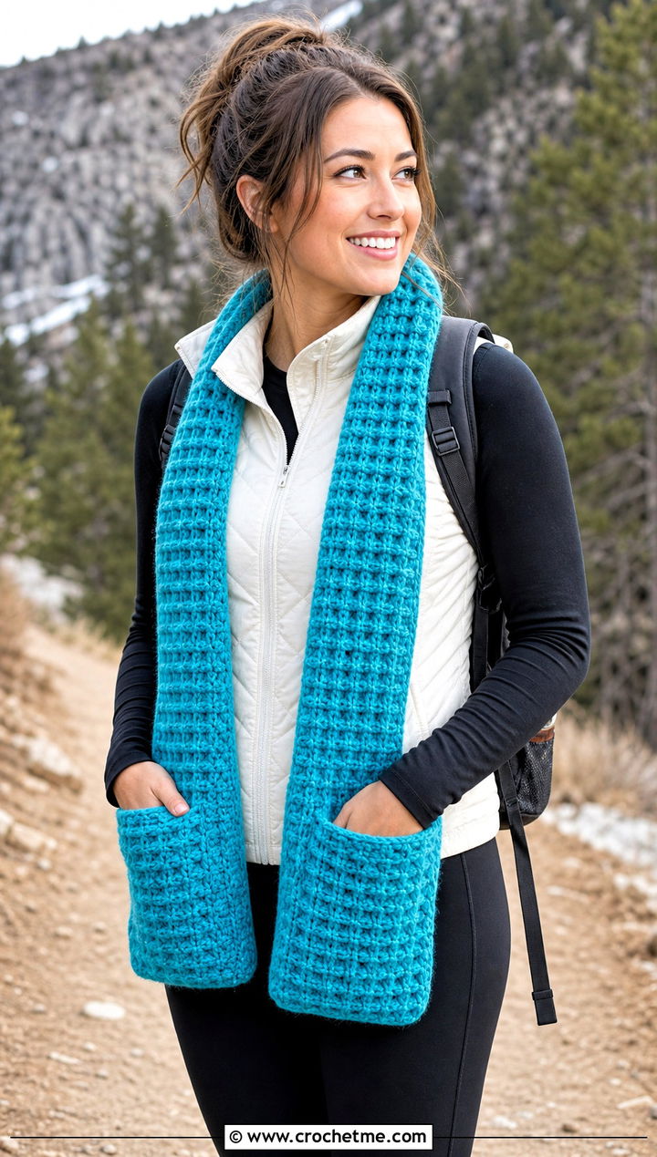 Pocket Waffle Crochet Scarf With Leggings - 25 Waffle Crochet Scarf outfit ideas