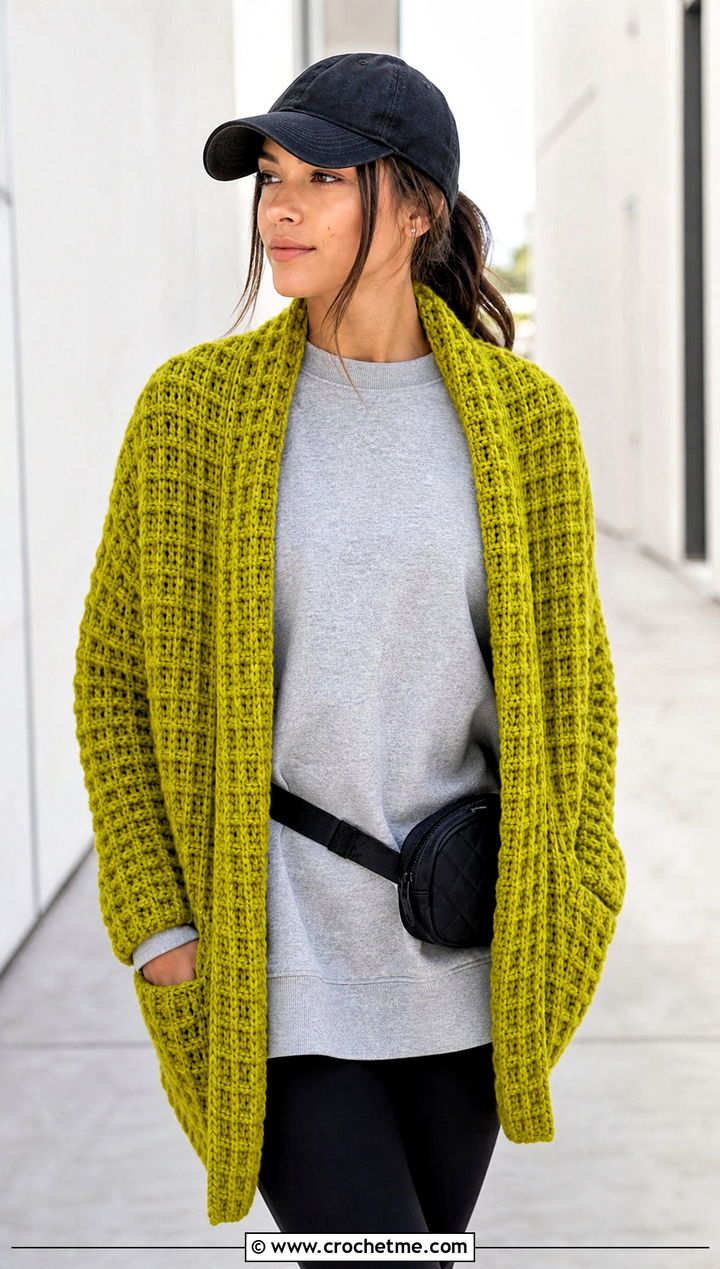 Pocket Waffle Crochet Shawl With Leggings - 15 Waffle Crochet Shawl outfit ideas