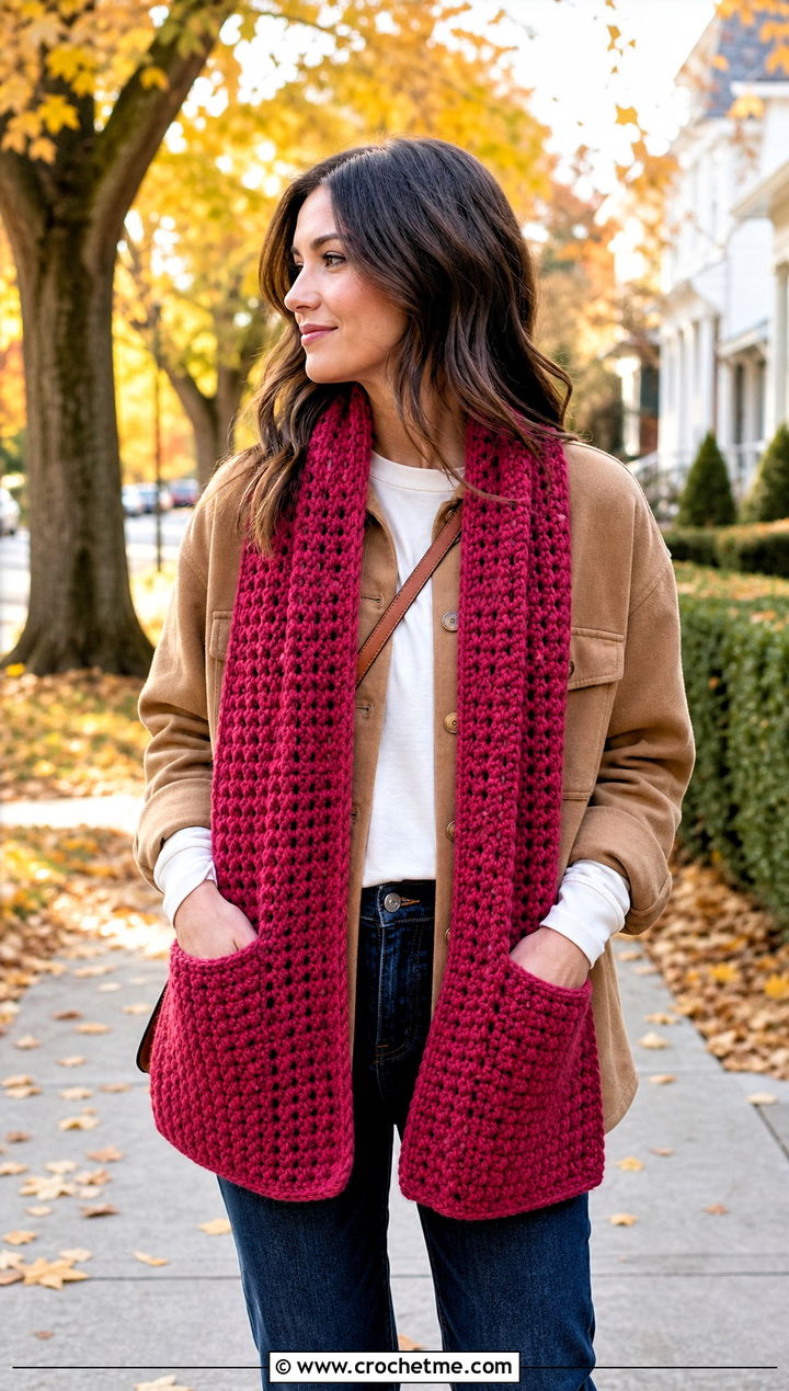 Pocket Wide Scarf With Shacket And Straight Jeans - 20 Crochet Wide Scarf outfit ideas