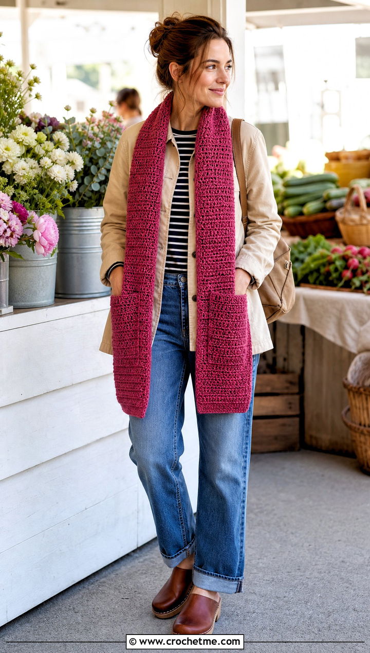 Pocket Worsted Weight Crochet Scarf With Chore Coat - 20 Crochet Scarf Worsted Weight Yarn outfit ideas