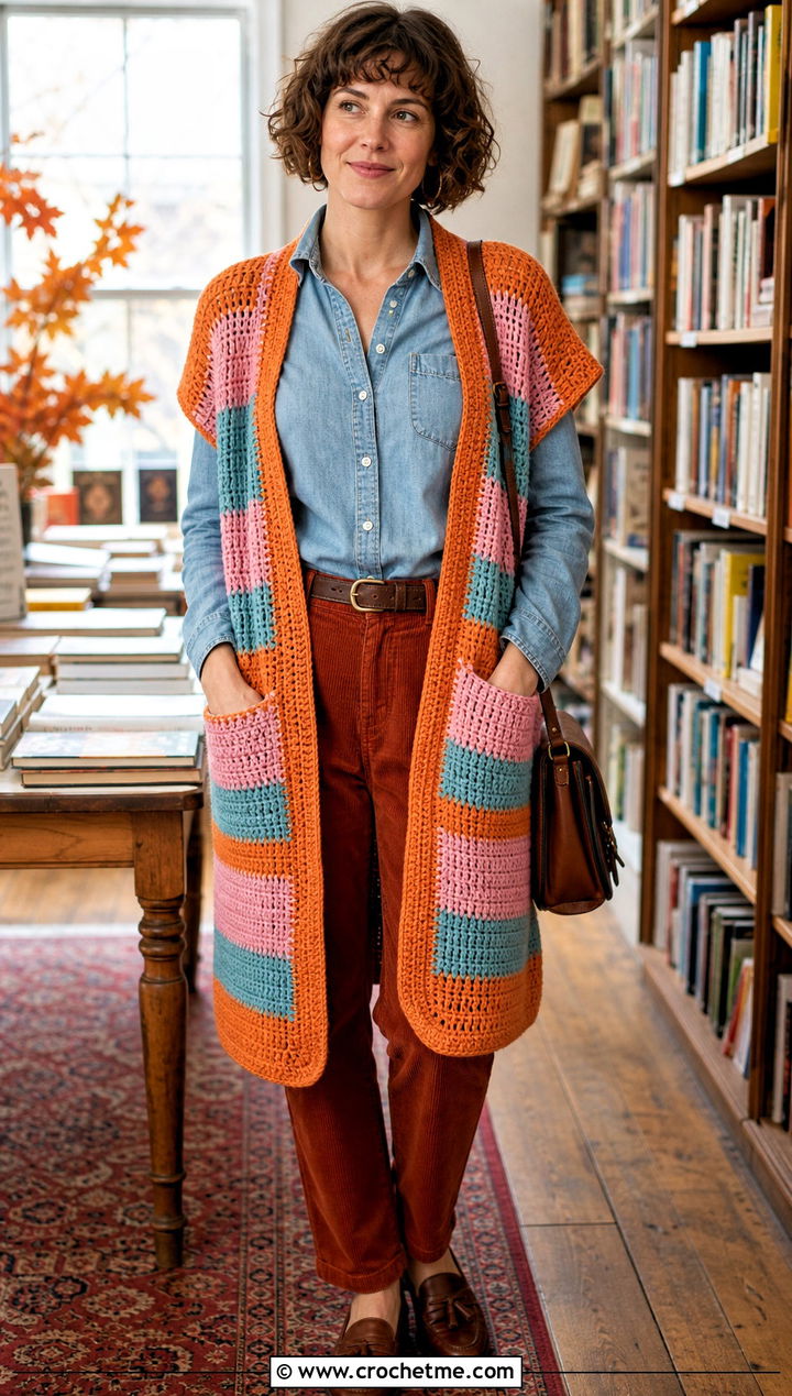 Pocket Wrap With Denim Shirt And Corduroy Pants - 15 Colorful Striped Crochet Wrap outfit ideas