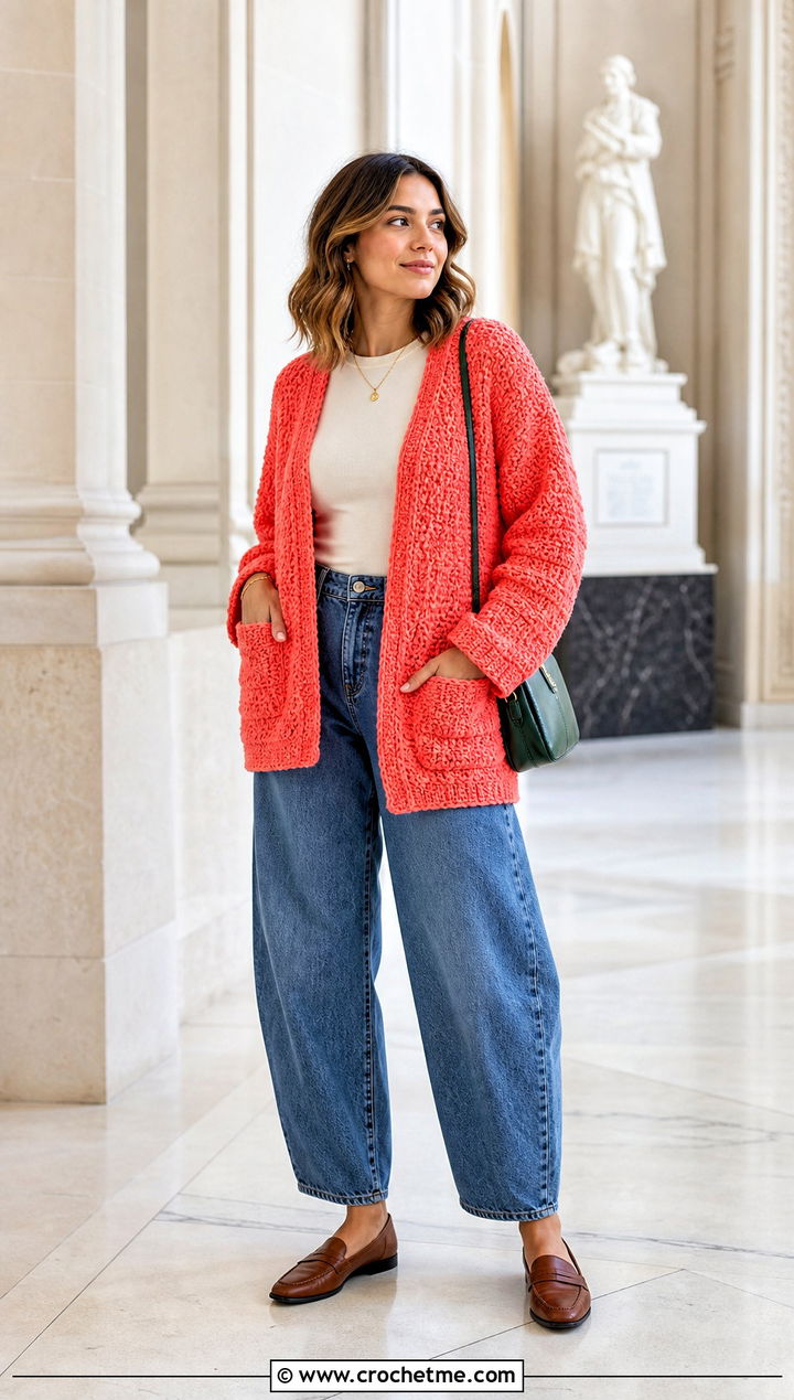 Pocketed Alpine Stitch Crochet Cardigan With Barrel Jeans - 25 Alpine Stitch Crochet Cardigan outfit ideas