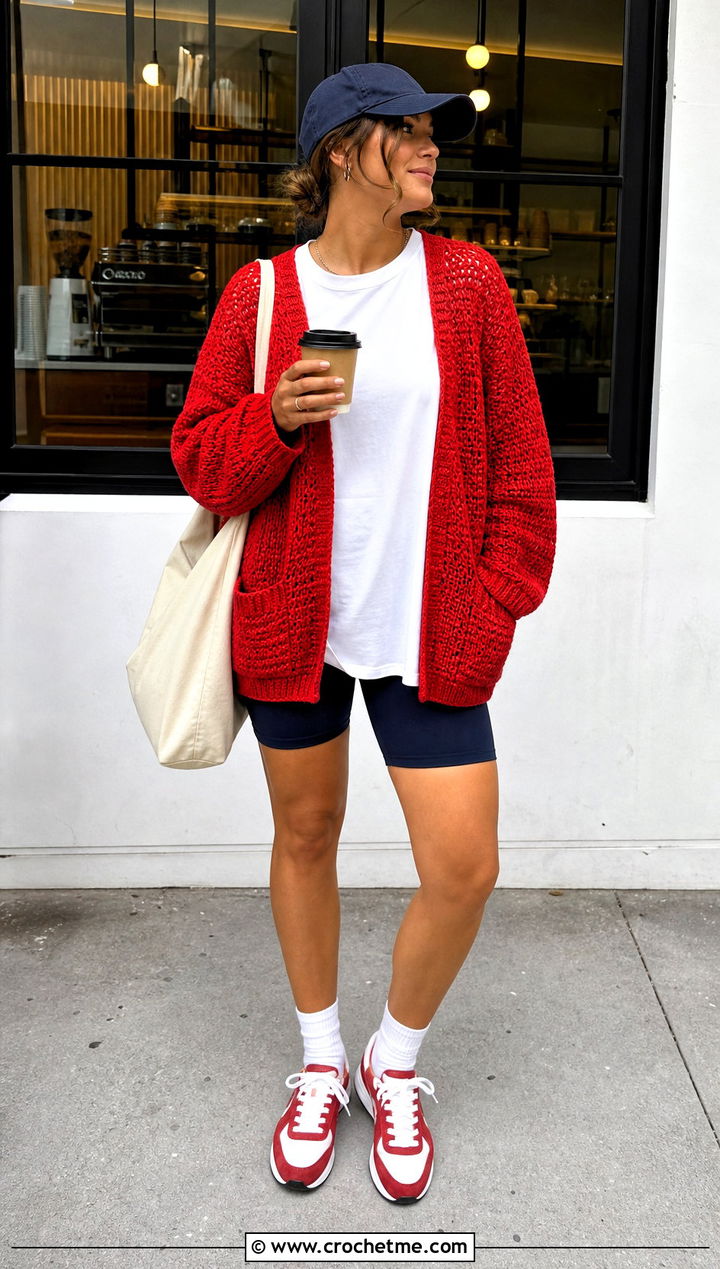 Pocketed Boyfriend Crochet Cardigan With Bike Shorts - 30 cute crochet cardigans outfit ideas