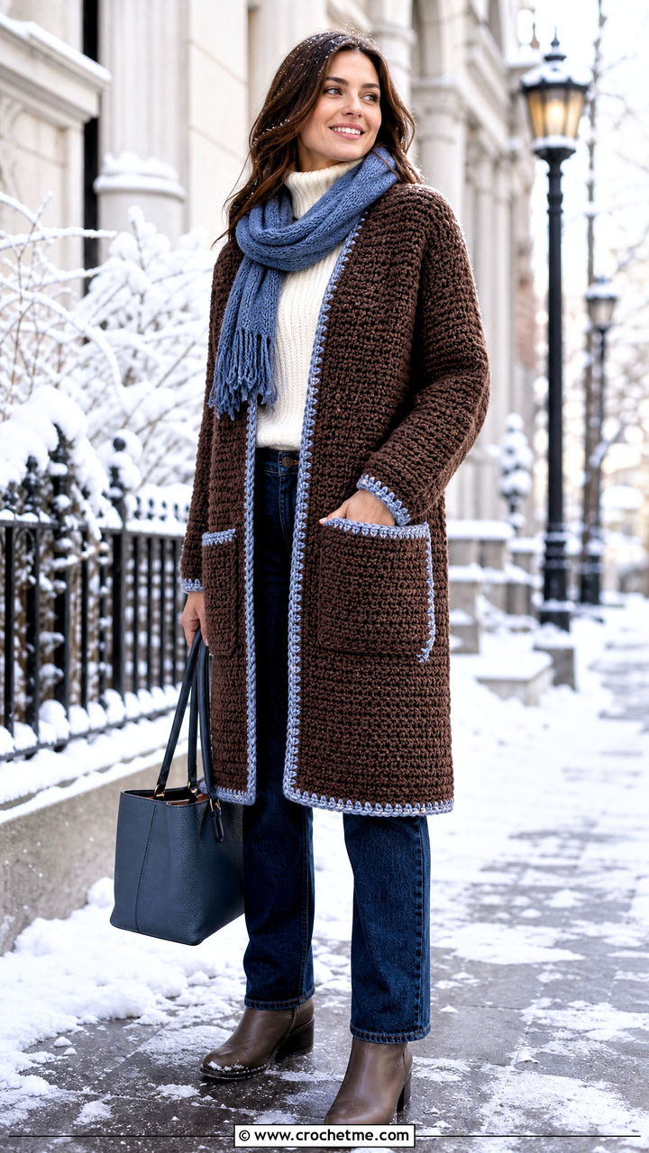 Pocketed Brown Crochet Coatigan With Winter Jeans - 35 Brown Crochet Cardigan outfit ideas
