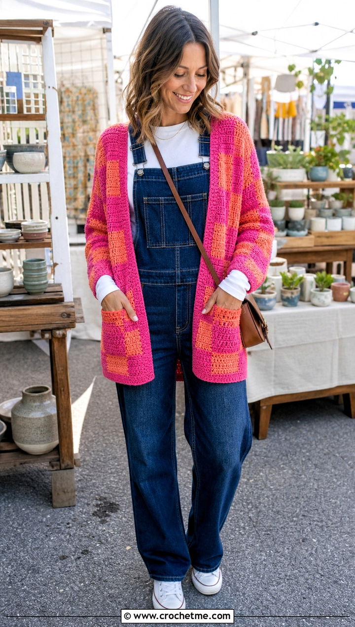 Pocketed Checkered Crochet Cardigan With Overalls - 25 Checkered Crochet Cardigan outfit ideas