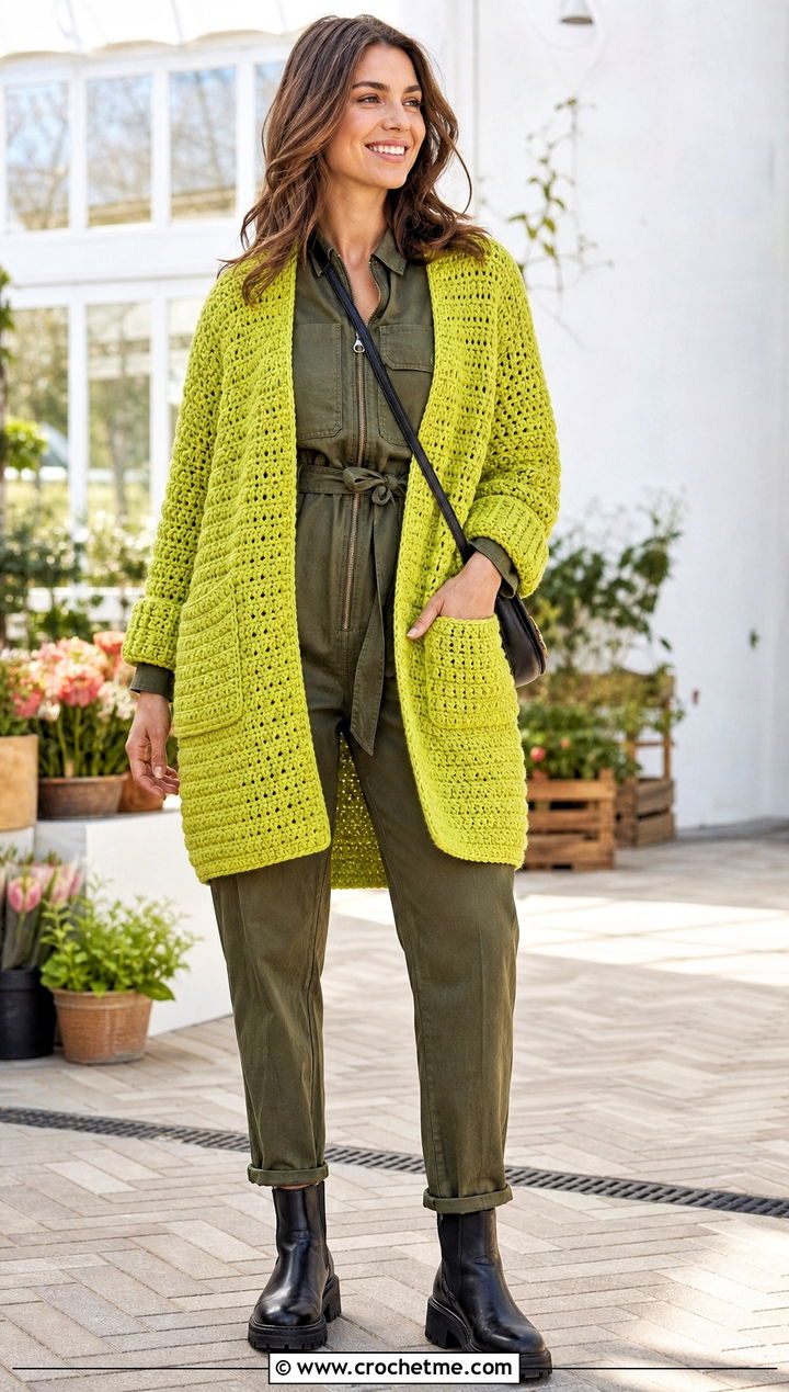 Pocketed Chunky Crochet Cardigan With Utility Jumpsuit - 25 Bulky Crochet Cardigan outfit ideas