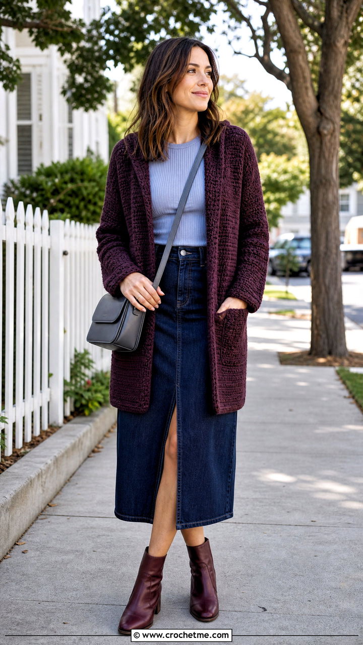 Pocketed Crochet Bog Jacket With Denim Midi Skirt - 35 Crochet Bog Jacket outfit ideas