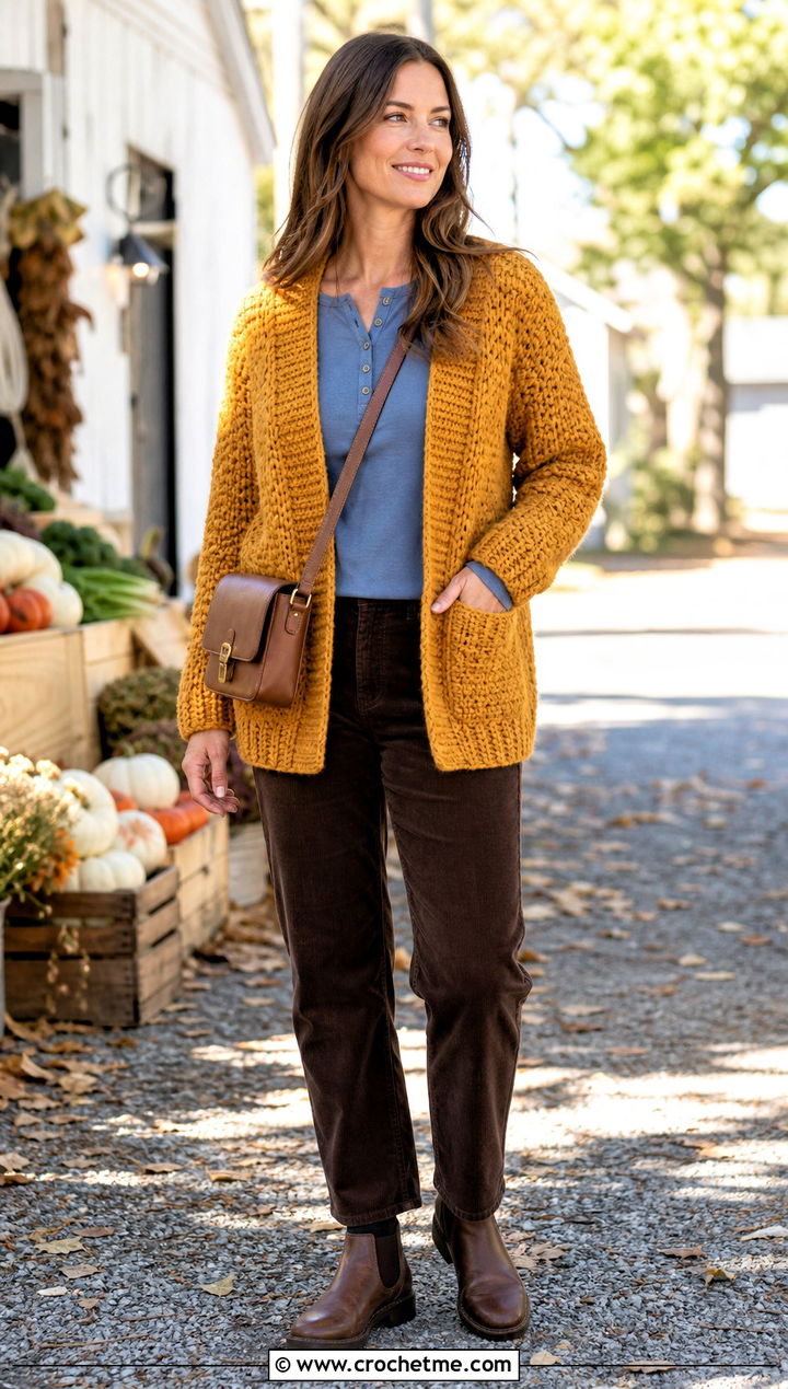 Pocketed Crochet Cardigan With Corduroy Pants - 35 fall crochet cardigan outfit ideas