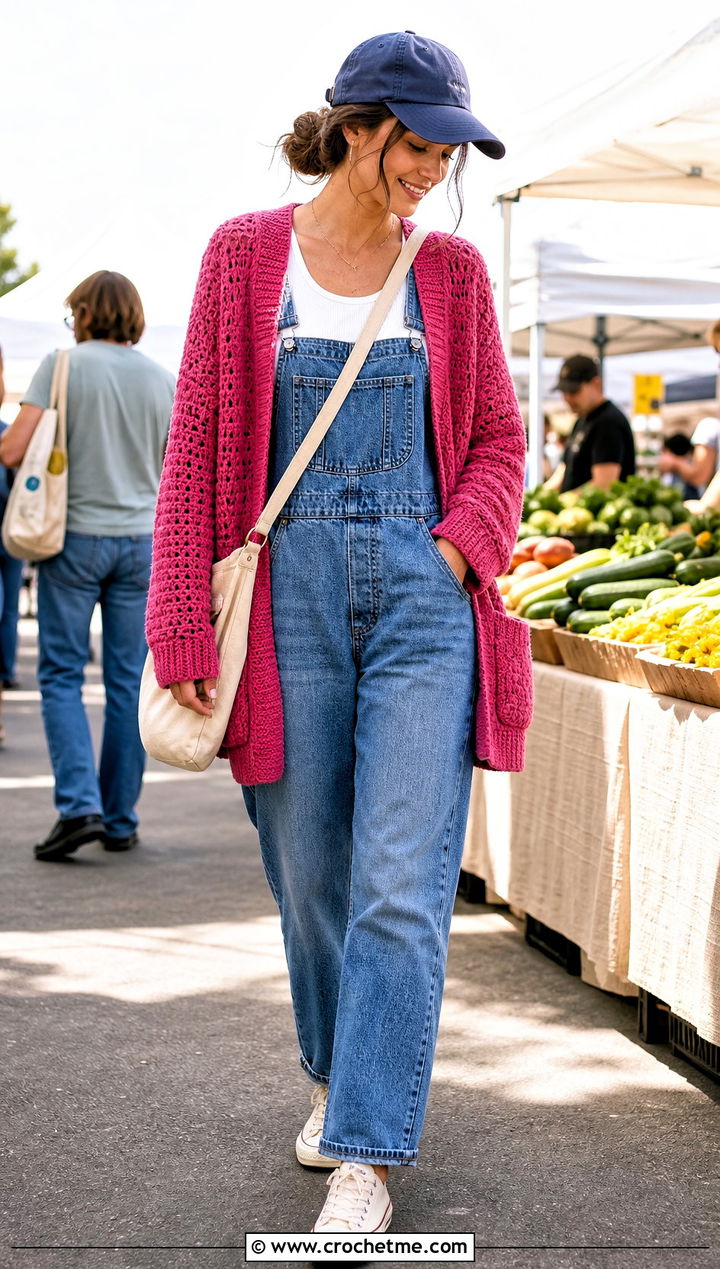 Pocketed Crochet Cardigan With Denim Overalls - 25 lightweight crochet cardigan outfit ideas