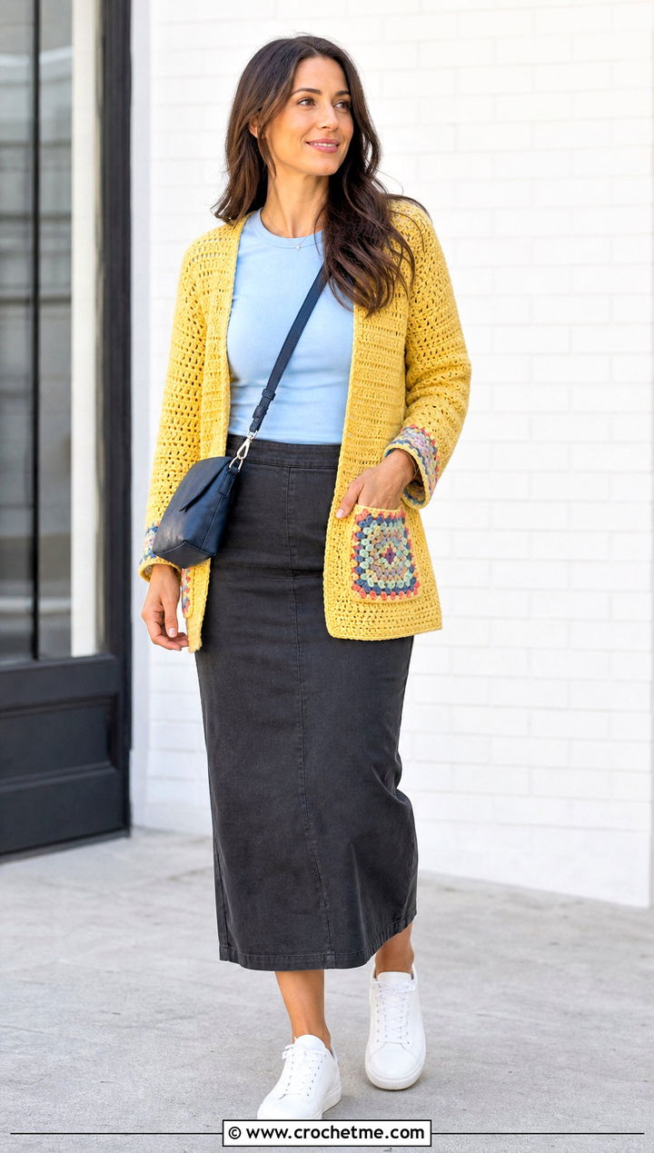 Pocketed Crochet Cardigan With Midi Skirt And Sneakers - 35 ladies crochet cardigan outfit ideas