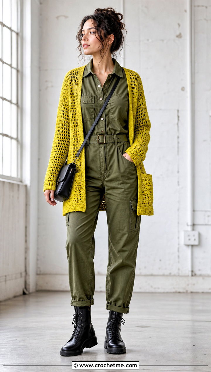 Pocketed Crochet Cardigan With Utility Jumpsuit - 30 loose crochet cardigan outfit ideas