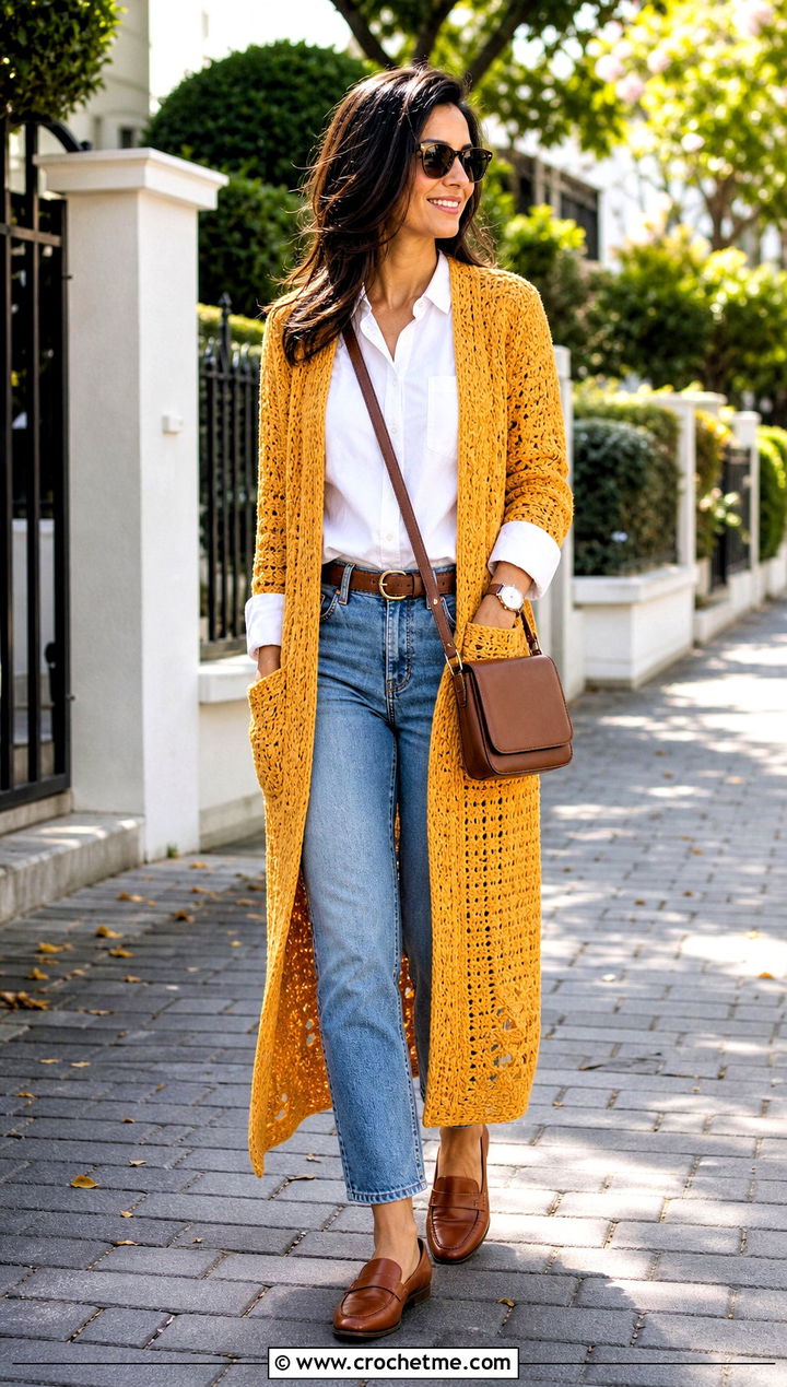 Pocketed Crochet Duster Cardigan With Shirt And Jeans - 30 crochet long cardigan sweater coats outfit ideas