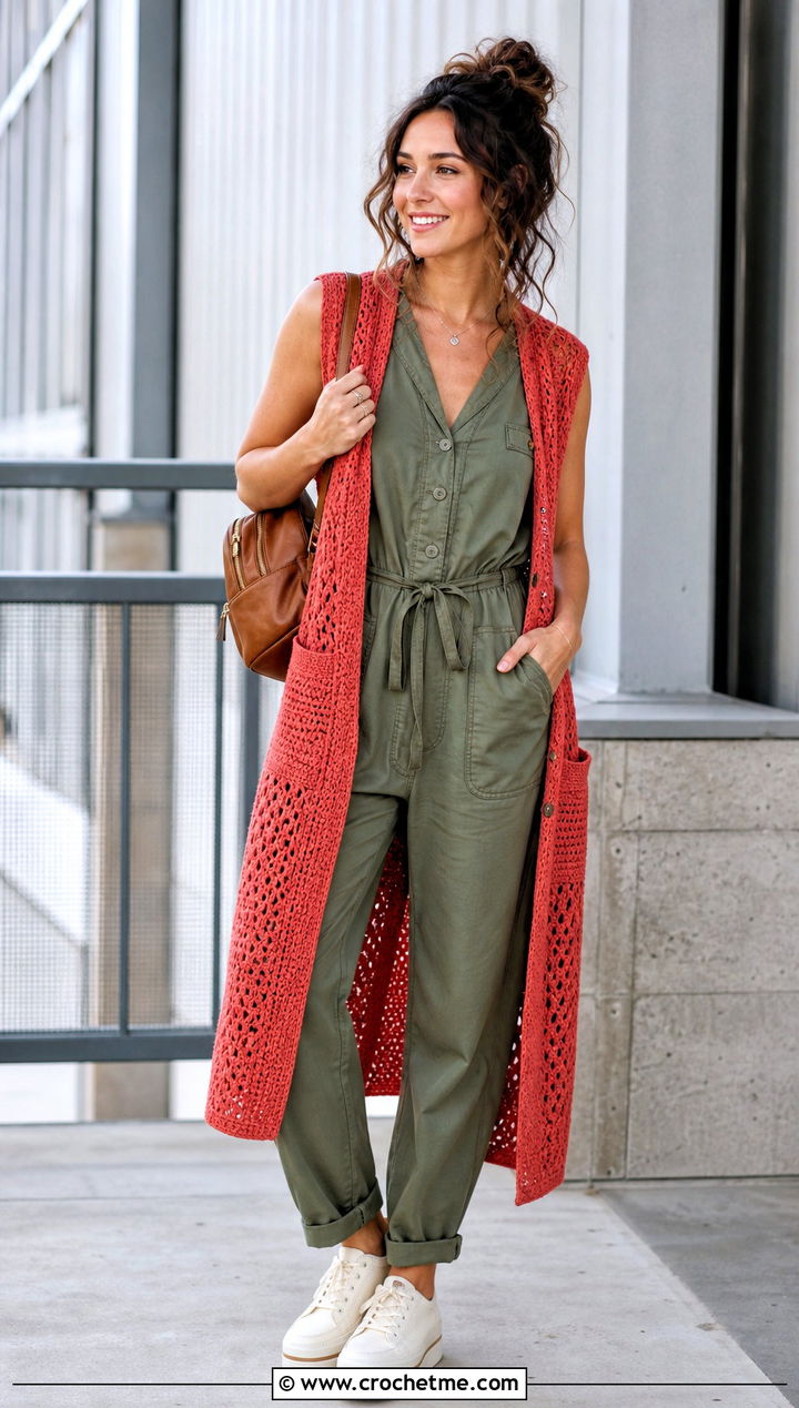Pocketed Crochet Duster Vest With Utility Jumpsuit - 20 crochet duster vest outfit ideas