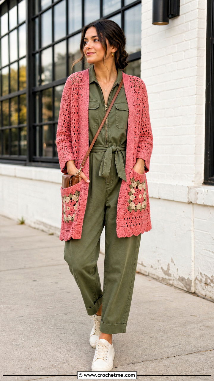 Pocketed Crochet Folklore Cardigan With Utility Jumpsuit - 35 crochet folklore cardigan outfit ideas
