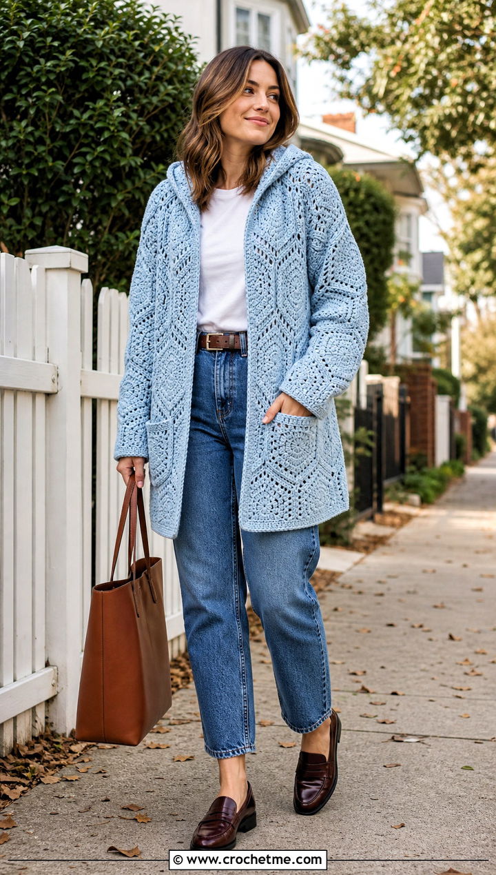 Pocketed Crochet Hexagon Cardigan With Hood And Mom Jeans - 25 Crochet Hexagon Cardigan With Hood outfit ideas