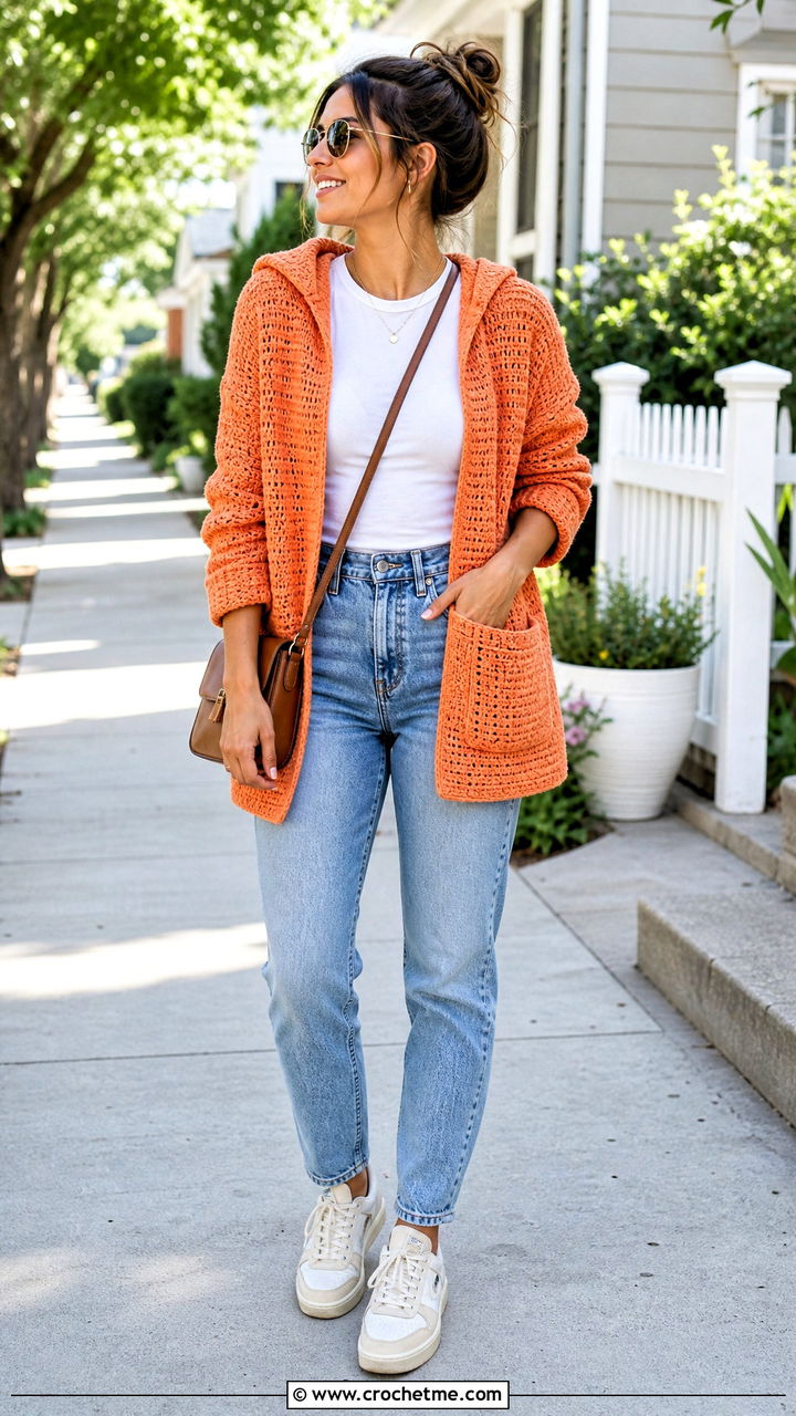 Pocketed Crochet Hooded Cardigan With Mom Jeans - 35 crochet hooded cardigan outfit ideas