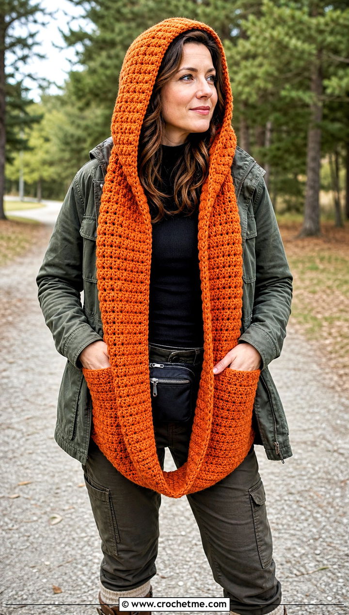 Pocketed Crochet Hooded Infinity Scarf With Utility Jacket - 15 crochet infinity scarf with hood outfit ideas