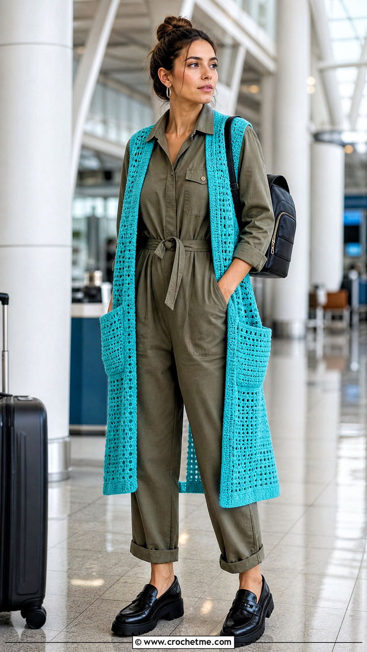Pocketed Crochet Long Vest With Utility Jumpsuit - 35 Crochet Long Vest outfit ideas