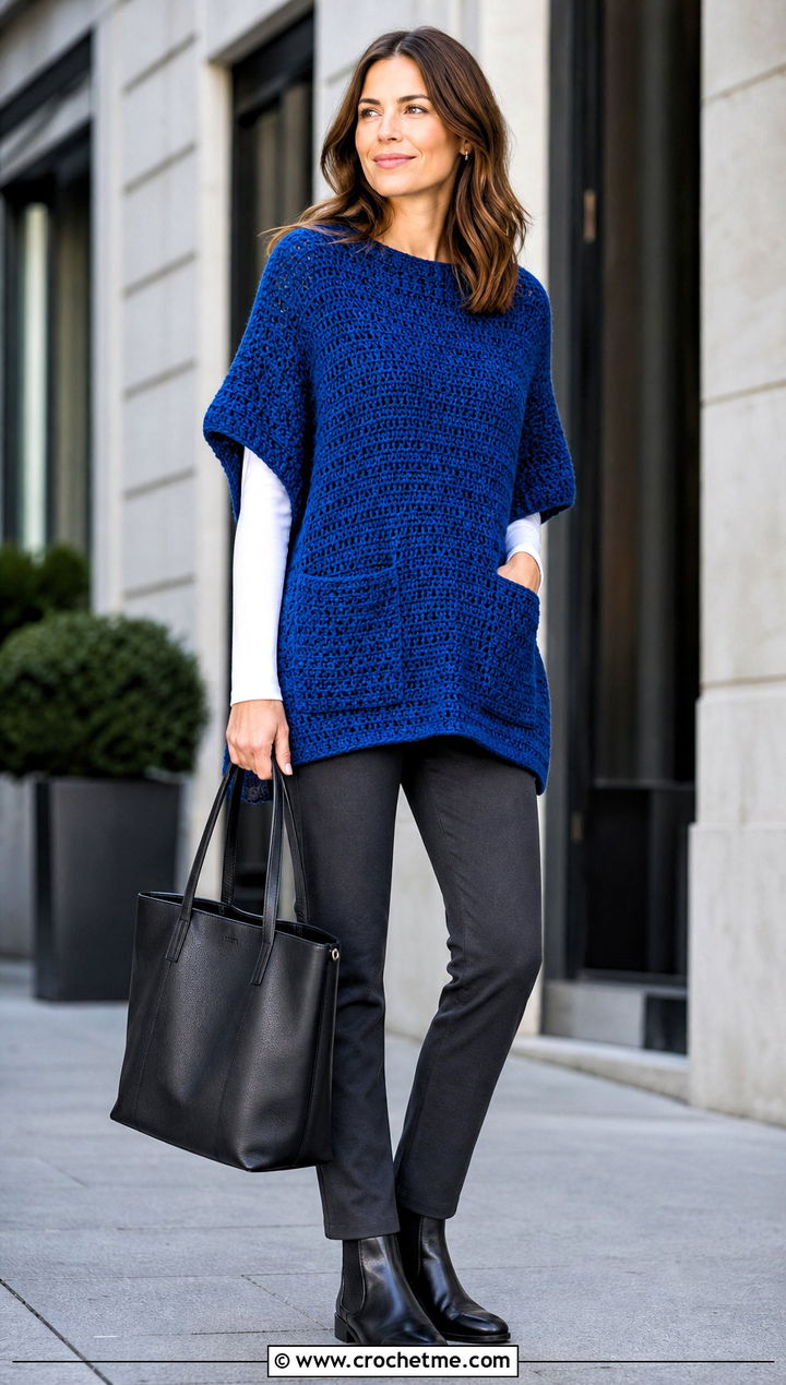 Pocketed Crochet Poncho Sweater With Ponte Pants - 35 crochet poncho sweater outfit ideas