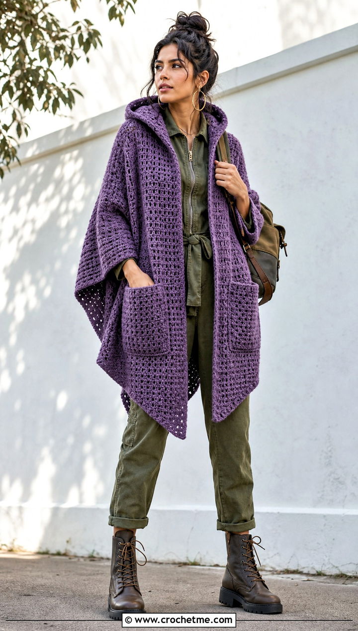 Pocketed Crochet Poncho With Hood And Utility Jumpsuit - 35 crochet poncho with hood outfit ideas