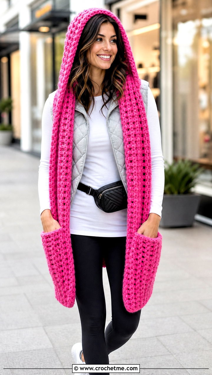 Pocketed Crochet Scarf Hood With Leggings - 30 crochet scarf hood outfit ideas