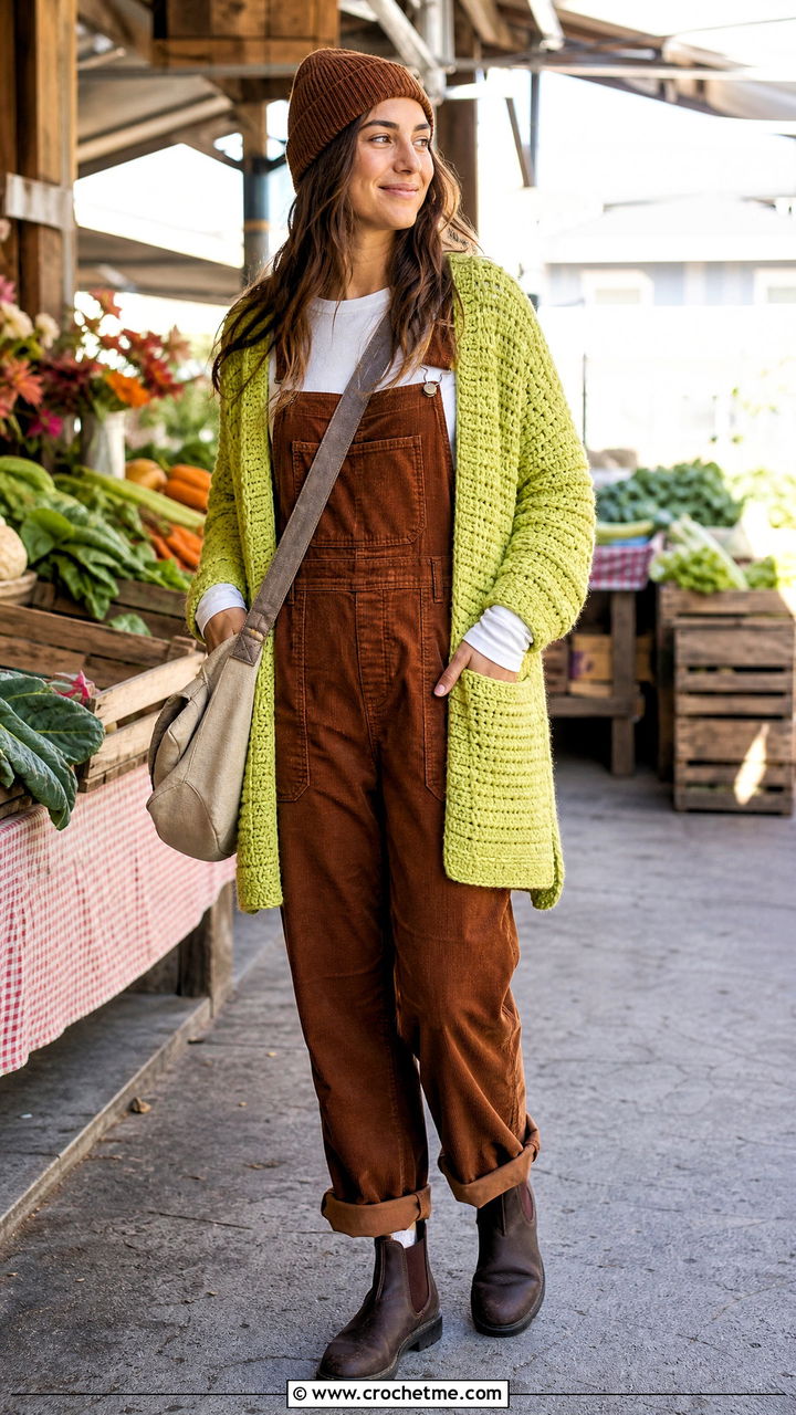 Pocketed Crochet Scarf With Sleeves And Corduroy Overalls - 35 crochet scarf with sleeves outfit ideas